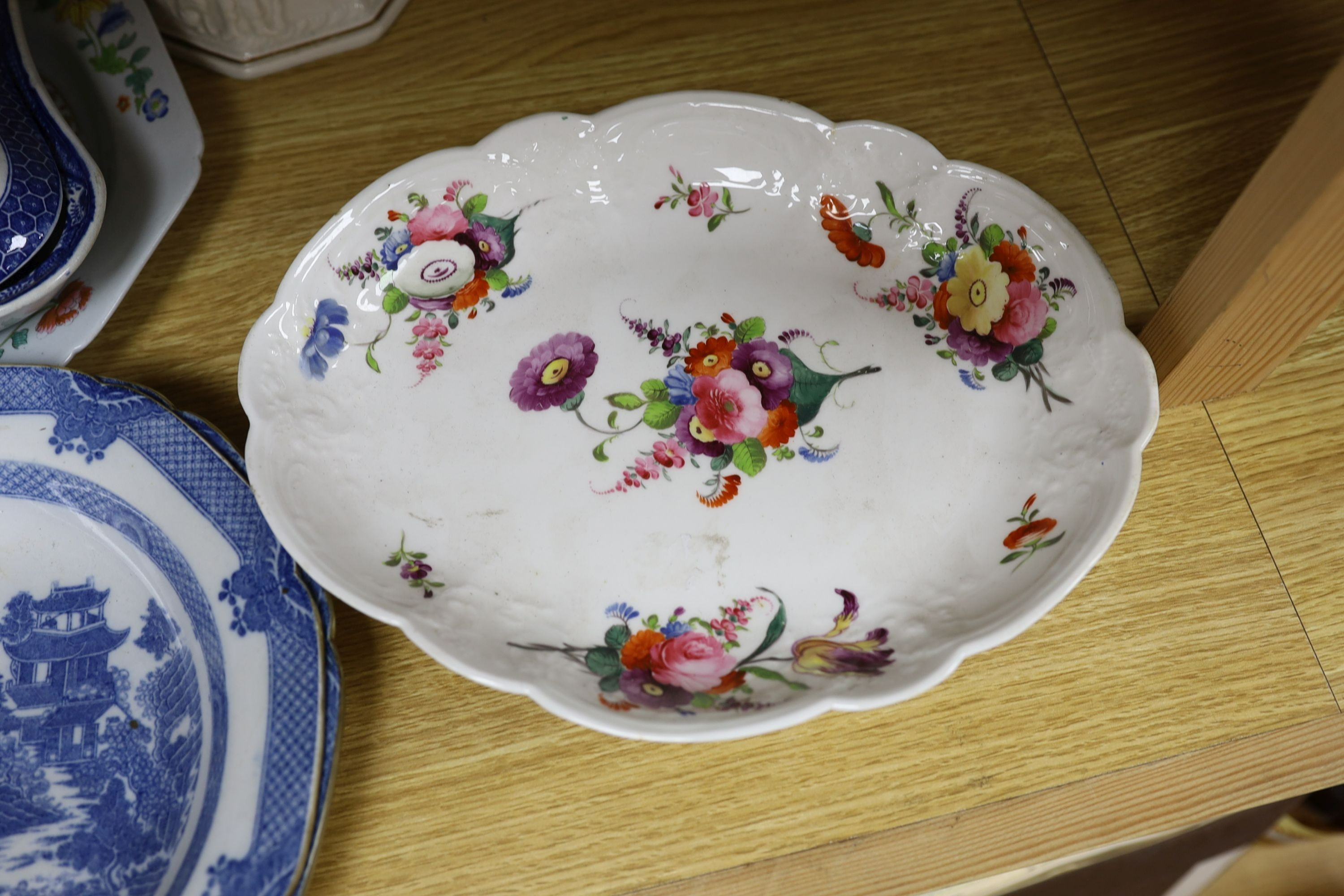 A pair of early 19th century pearlware plates, Leeds pottery tureen and cover, Coalport dessert dish. Spode serving plate and two mugs